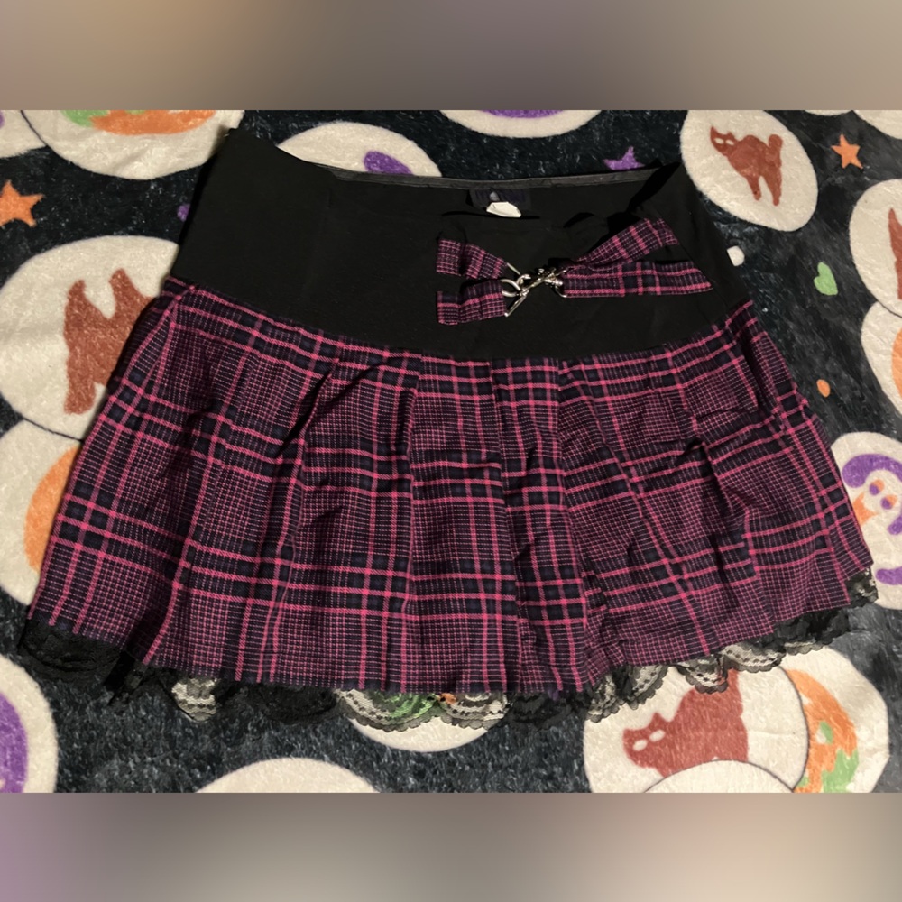 Vintage Morbid Threads Pink Purple Plaid Goth Punk Mini Skirt with Pleats